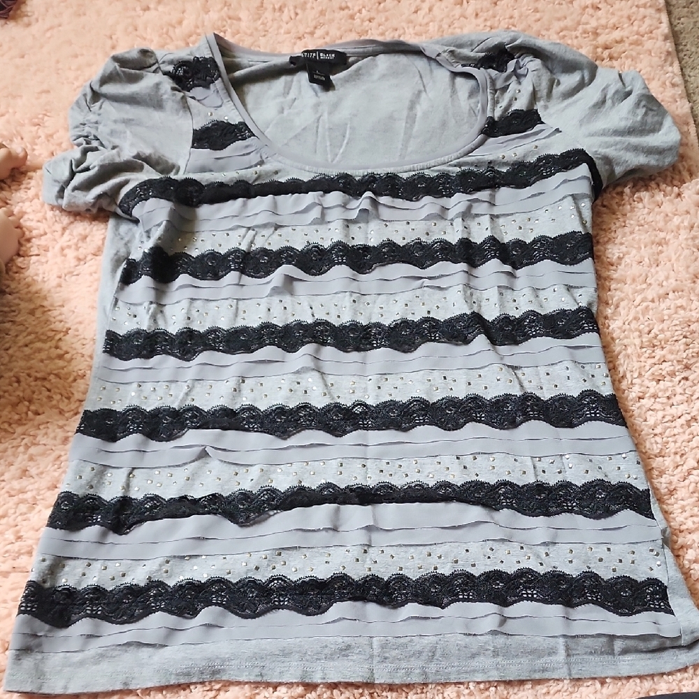 White House Black Market Gray Short Sleeve Tee with Black Lace Stripes